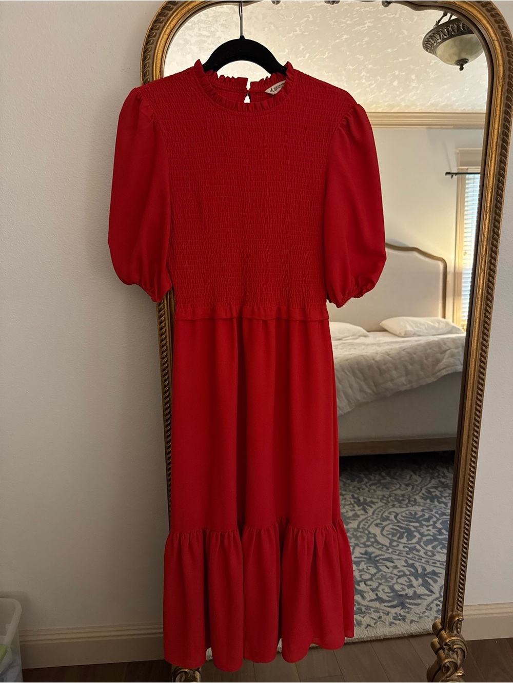Nanette Lepore Red Smocked Midi Dress with Puff Sleeves